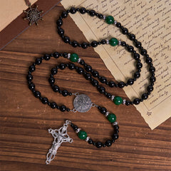 St. Benedict & Crucifix of 8mm Obsidian & Jade Bead Rosary - Faith and Sacred Connection