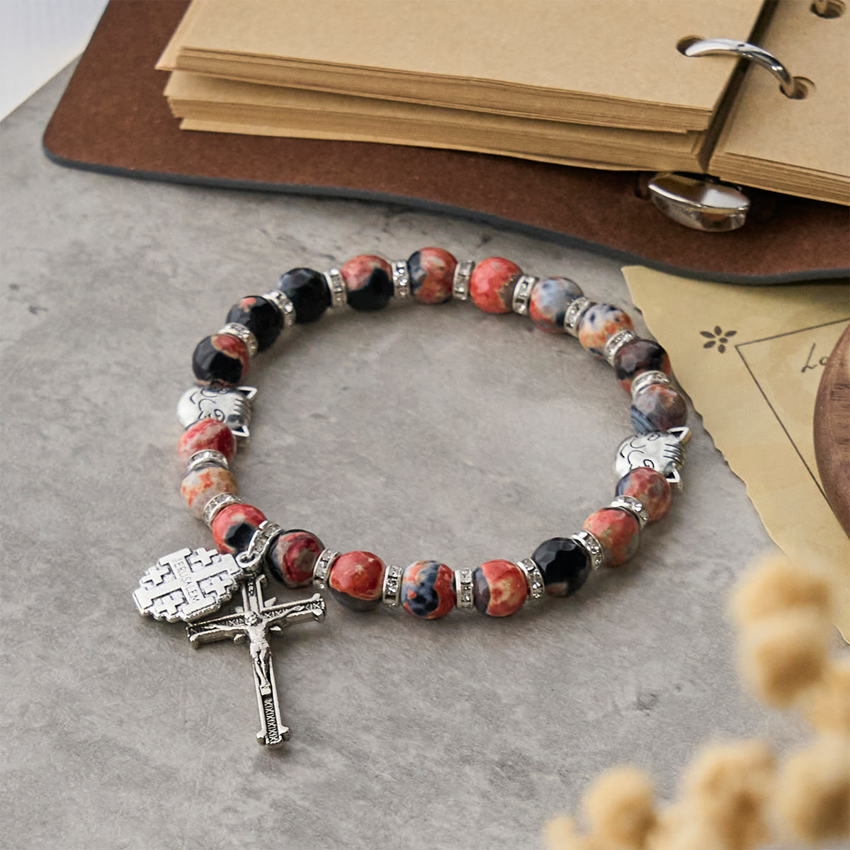 Unique Memorial Marbling Agate Beads with Calico Cat Pray Bracelet, Animal Rosary
