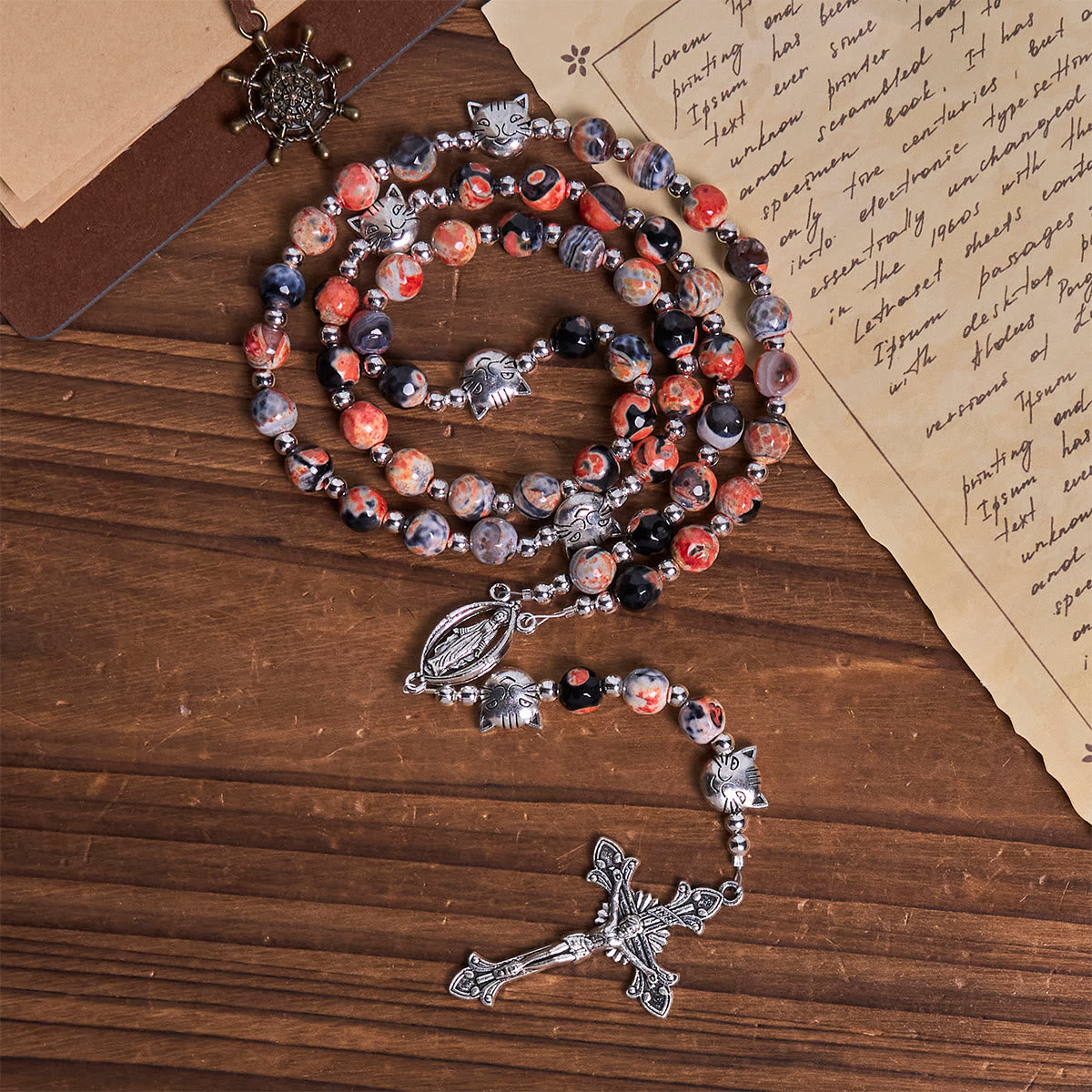 Unique Memorial Marbling Agate Beads with Calico Cat Pray Bracelet, Animal Rosary