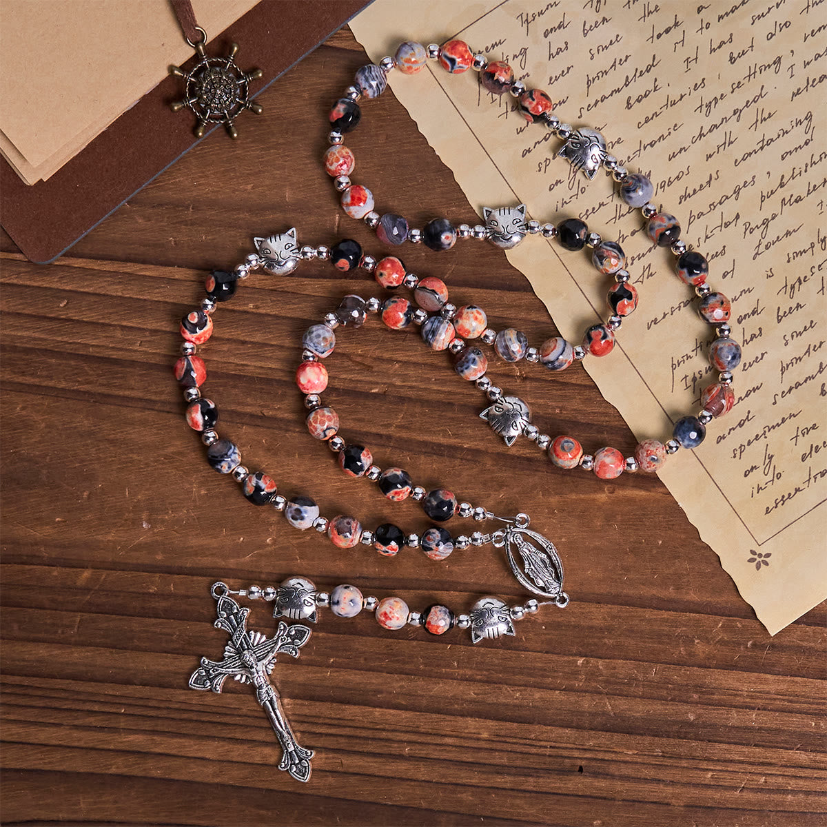 Unique Memorial Marbling Agate Beads with Calico Cat Pray Bracelet, Animal Rosary