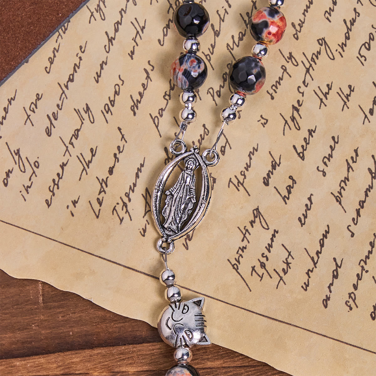 Unique Memorial Marbling Agate Beads with Calico Cat Pray Bracelet, Animal Rosary