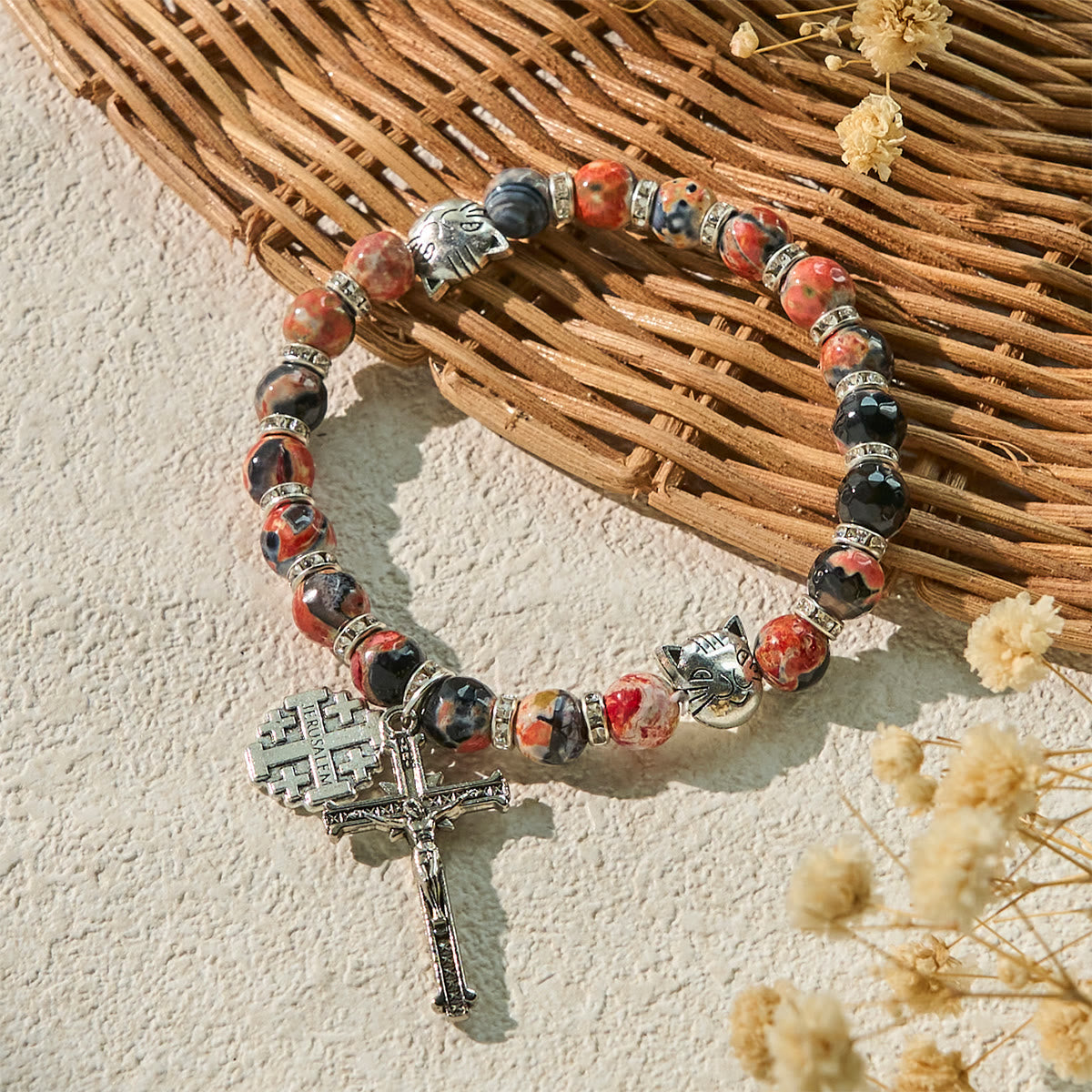 Unique Memorial Marbling Agate Beads with Calico Cat Pray Bracelet, Animal Rosary