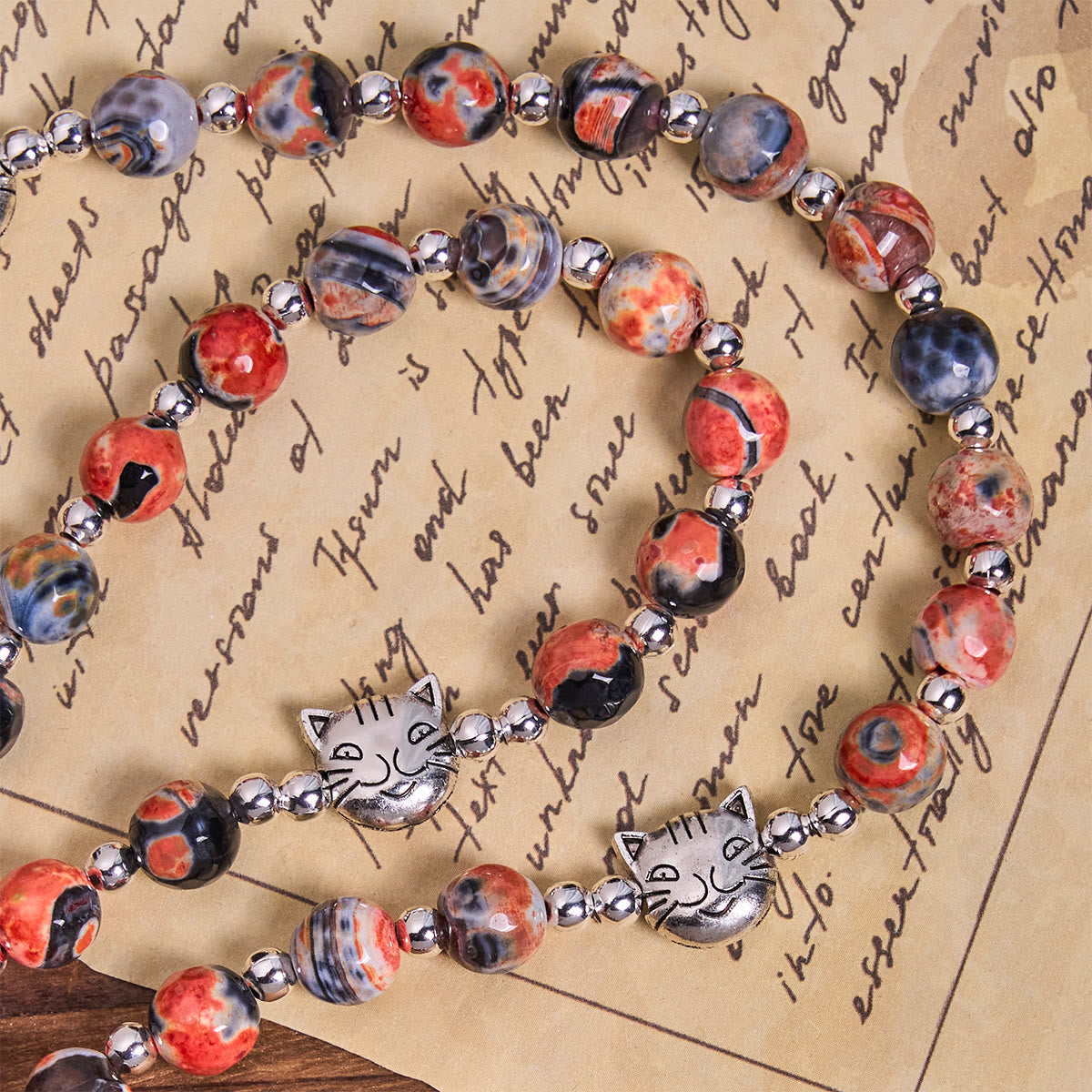 Unique Memorial Marbling Agate Beads with Calico Cat Pray Bracelet, Animal Rosary