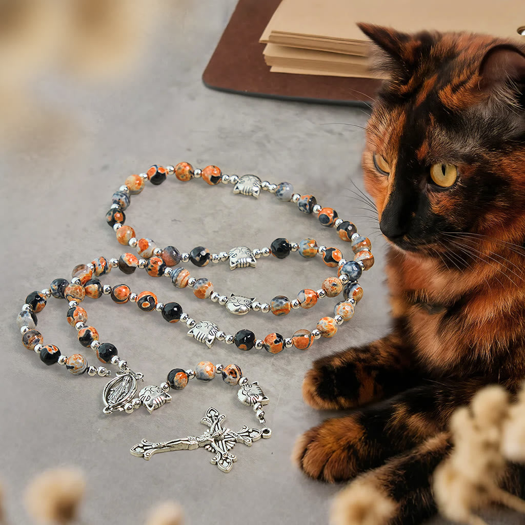 Unique Memorial Marbling Agate Beads with Calico Cat Pray Bracelet, Animal Rosary