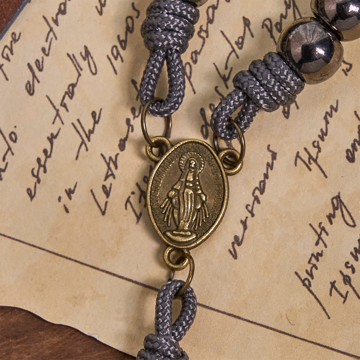 Miraculous Medal & Crucifix of 8 mm Round Silver Black Gallstone Nylon Cord Rosary