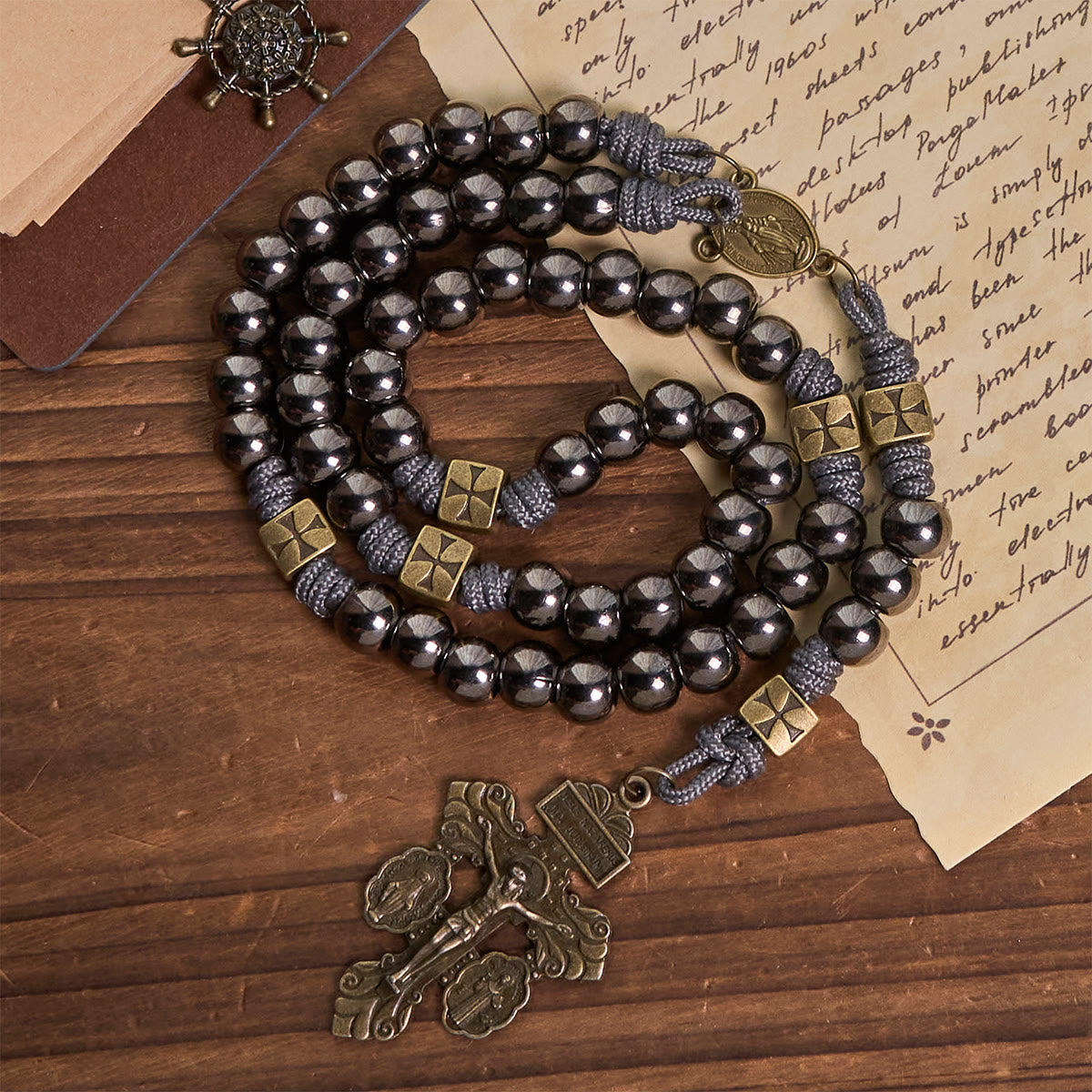 Miraculous Medal & Crucifix of 8 mm Round Silver Black Gallstone Nylon Cord Rosary