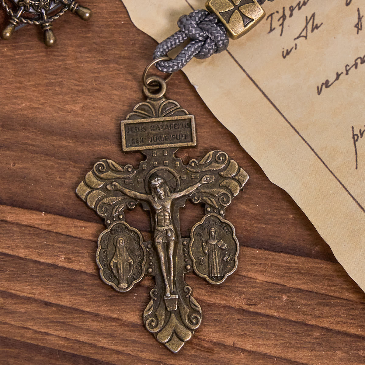 Miraculous Medal & Crucifix of 8 mm Round Silver Black Gallstone Nylon Cord Rosary