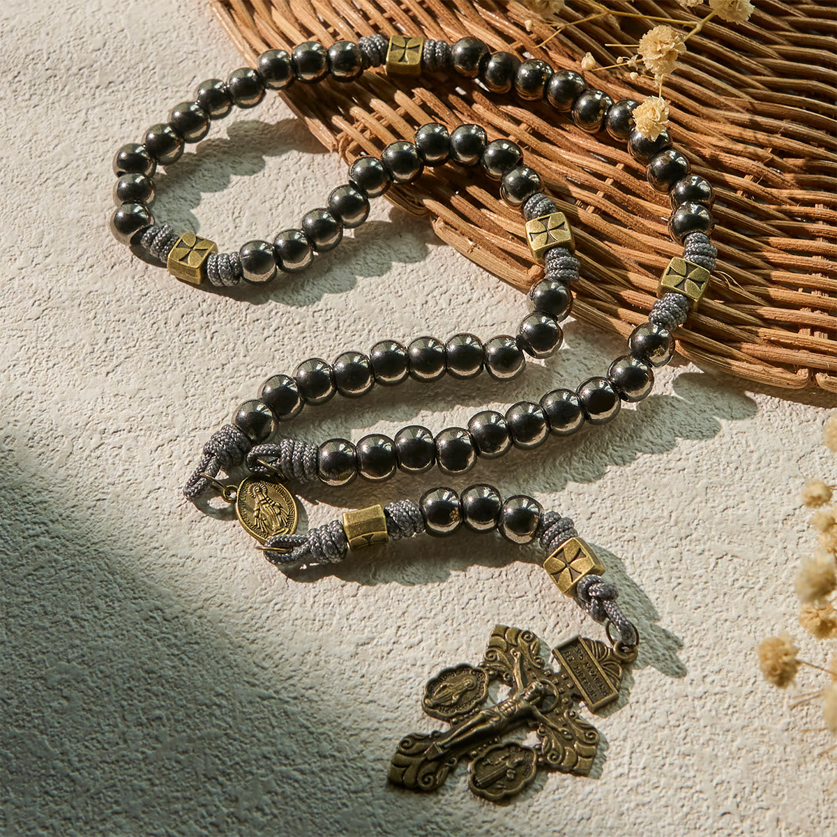 Miraculous Medal & Crucifix of 8 mm Round Silver Black Gallstone Nylon Cord Rosary