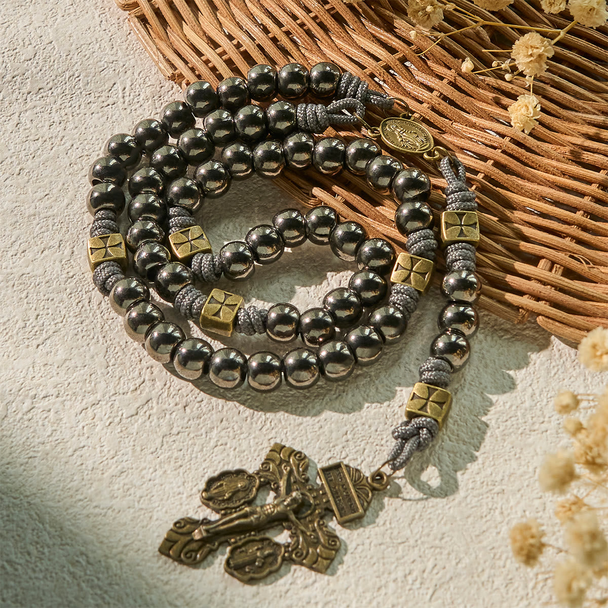 Miraculous Medal & Crucifix of 8 mm Round Silver Black Gallstone Nylon Cord Rosary