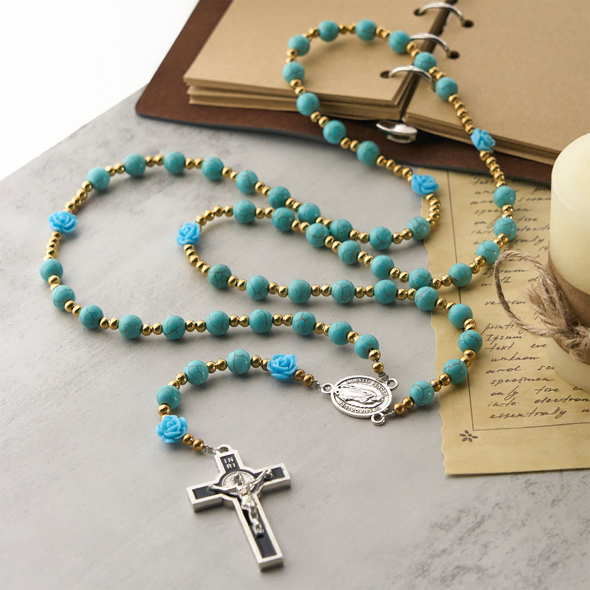 Elegant Red & Blue Rose Rosary with Turquoise Beads: Blessed by Our Lady and St. Benedict