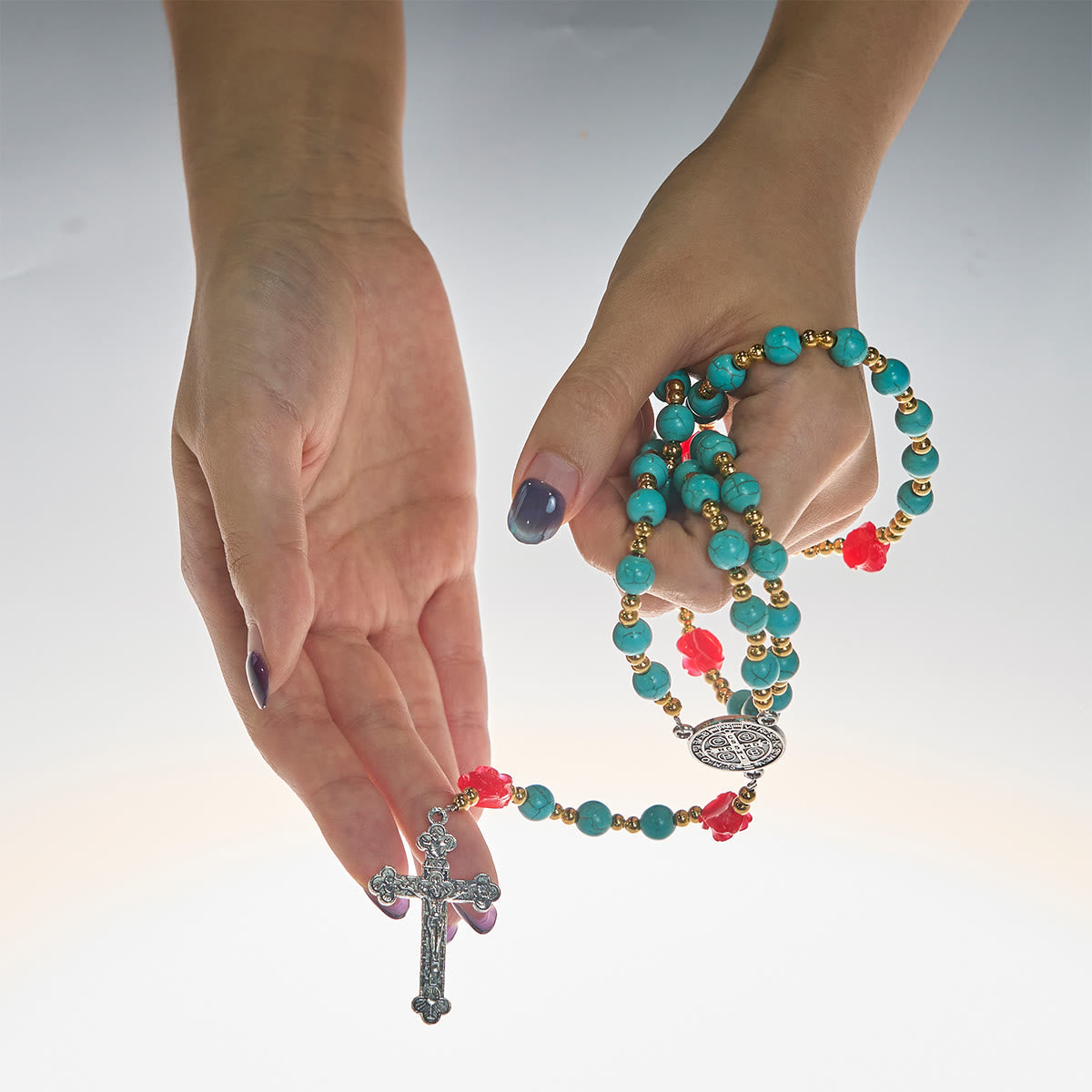 Elegant Red & Blue Rose Rosary with Turquoise Beads: Blessed by Our Lady and St. Benedict