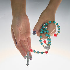 Elegant Red & Blue Rose Rosary with Turquoise Beads: Blessed by Our Lady and St. Benedict