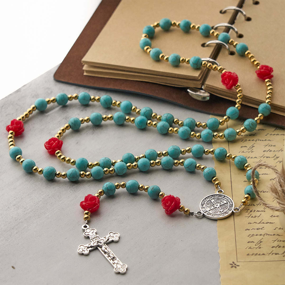 Elegant Red & Blue Rose Rosary with Turquoise Beads: Blessed by Our Lady and St. Benedict