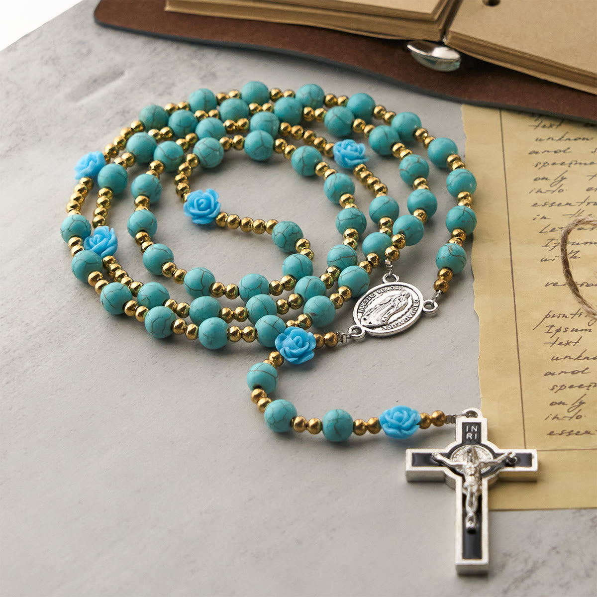 Elegant Red & Blue Rose Rosary with Turquoise Beads: Blessed by Our Lady and St. Benedict