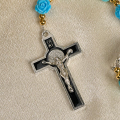 Elegant Red & Blue Rose Rosary with Turquoise Beads: Blessed by Our Lady and St. Benedict