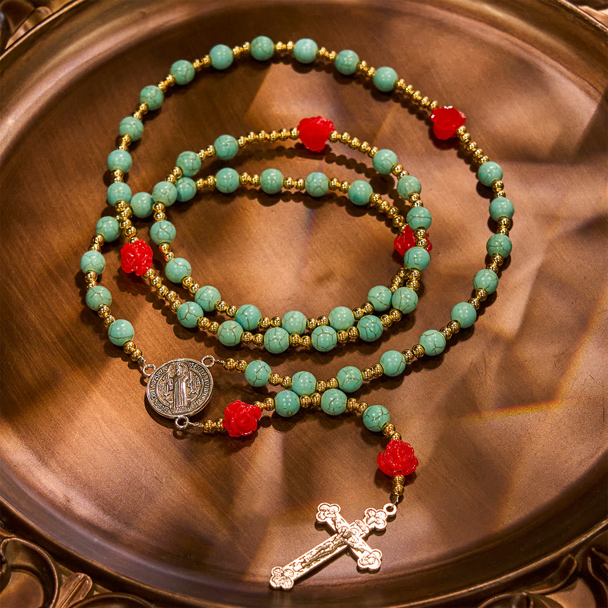 Elegant Red & Blue Rose Rosary with Turquoise Beads: Blessed by Our Lady and St. Benedict