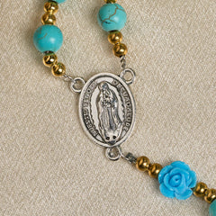 Elegant Red & Blue Rose Rosary with Turquoise Beads: Blessed by Our Lady and St. Benedict