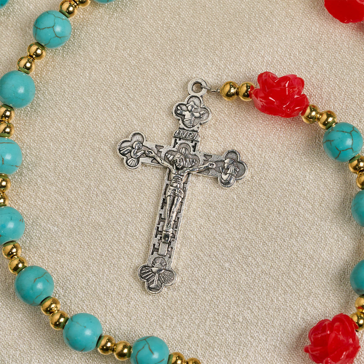 Elegant Red & Blue Rose Rosary with Turquoise Beads: Blessed by Our Lady and St. Benedict