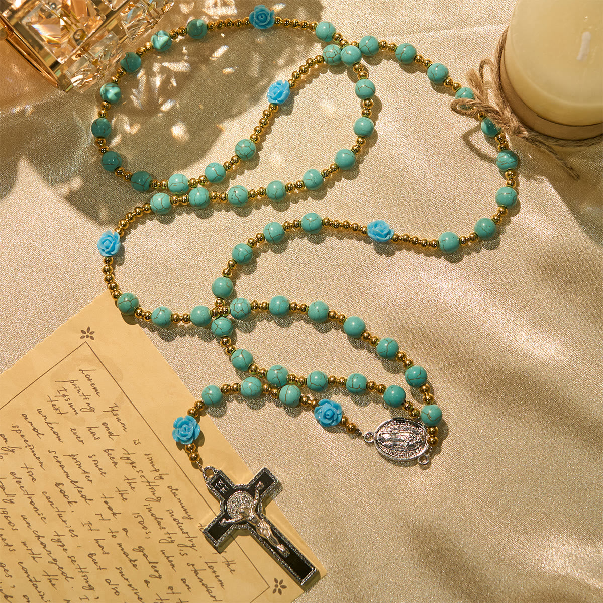 Elegant Red & Blue Rose Rosary with Turquoise Beads: Blessed by Our Lady and St. Benedict