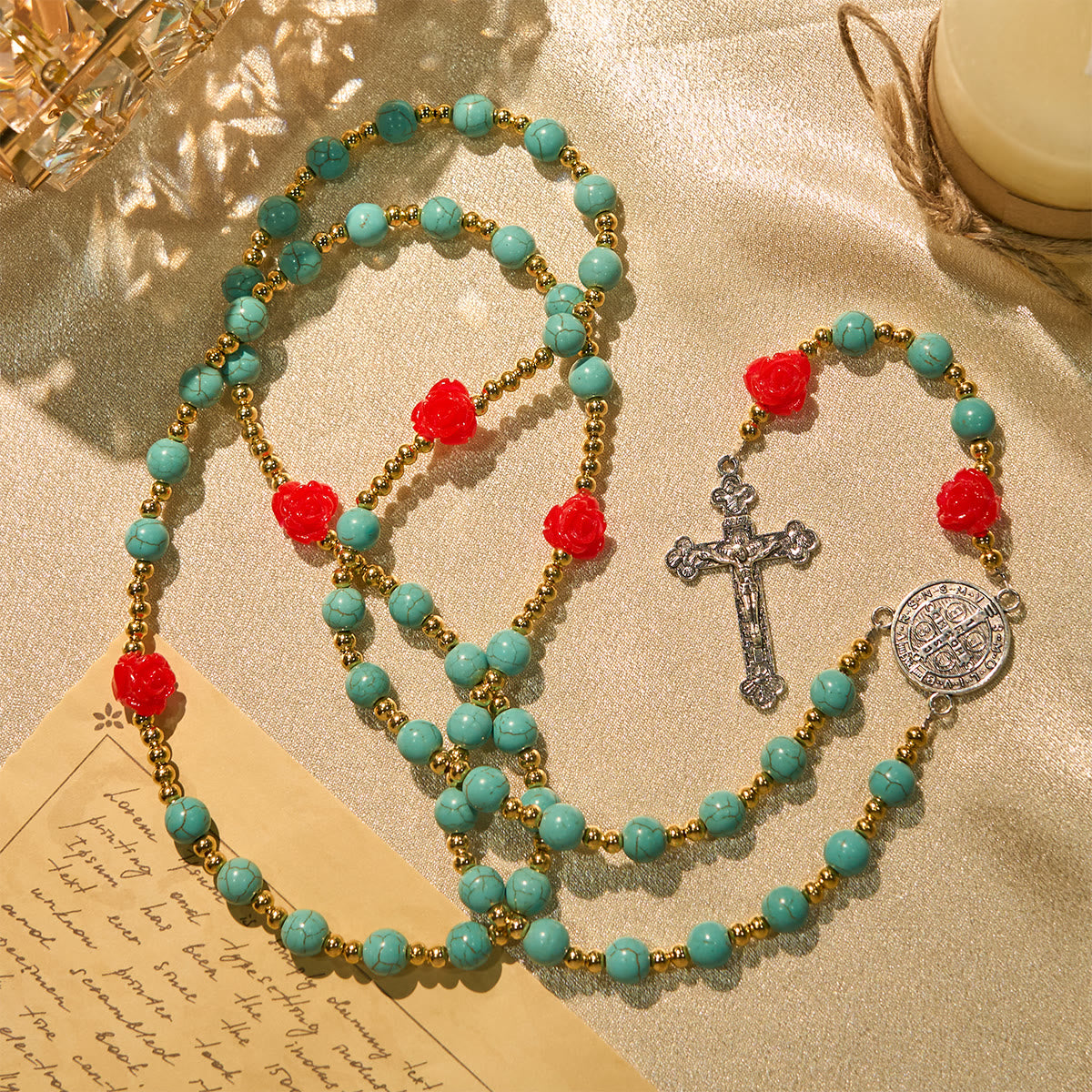 Elegant Red & Blue Rose Rosary with Turquoise Beads: Blessed by Our Lady and St. Benedict