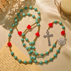 Elegant Red & Blue Rose Rosary with Turquoise Beads: Blessed by Our Lady and St. Benedict