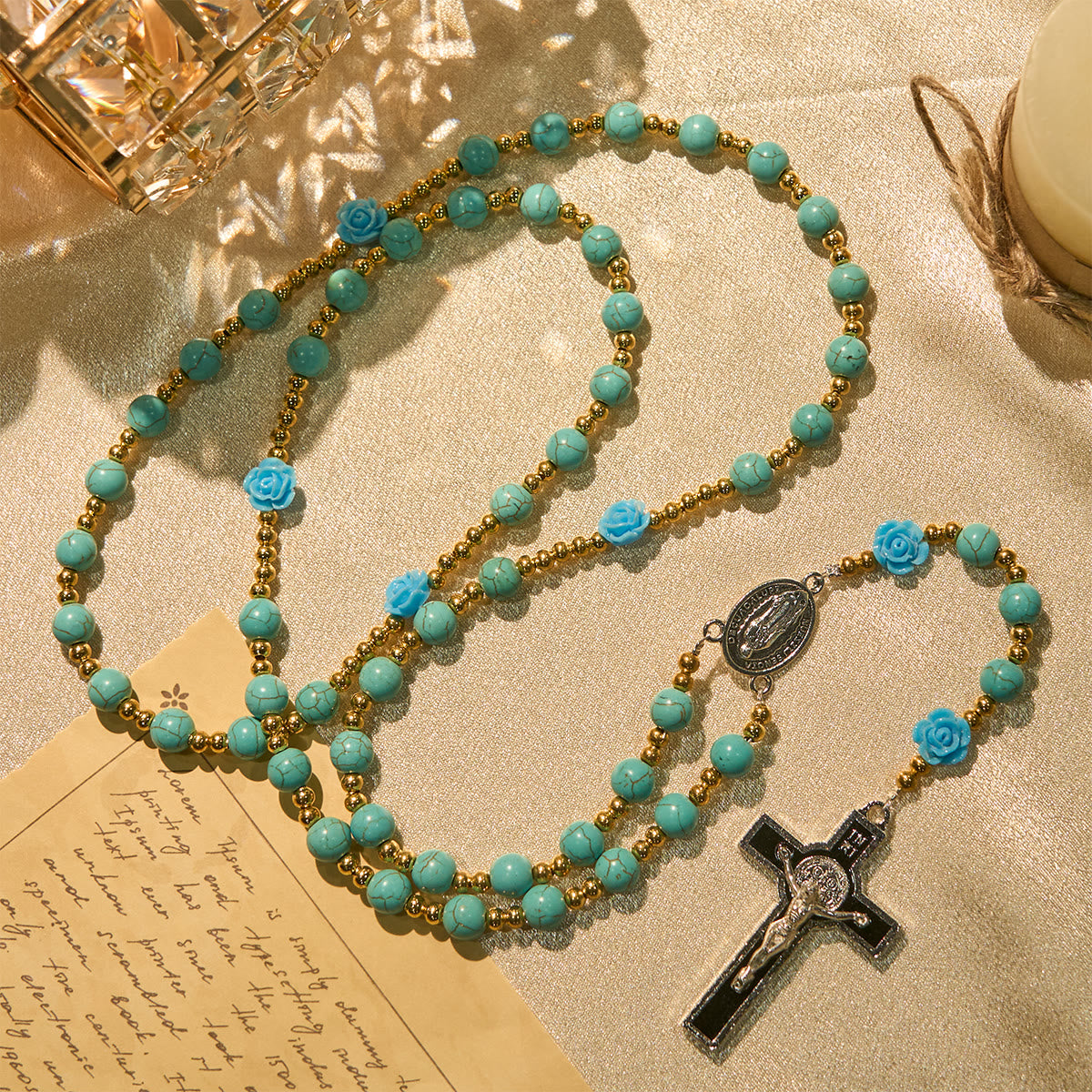 Elegant Red & Blue Rose Rosary with Turquoise Beads: Blessed by Our Lady and St. Benedict