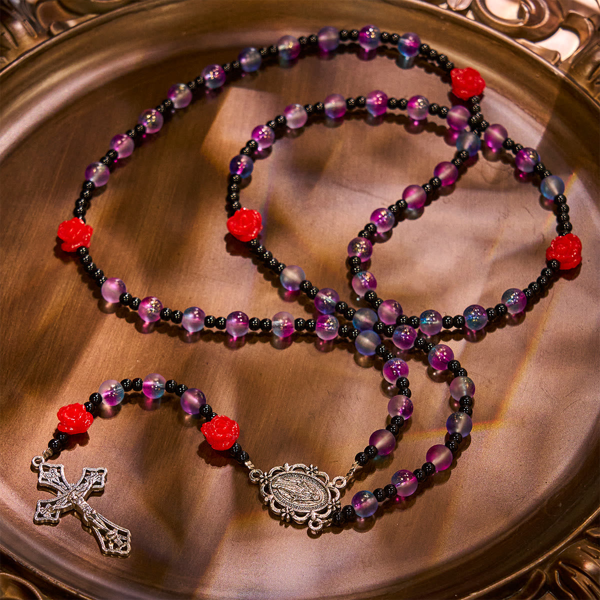 Mystical Frosted Purple-Blue Beads Rosary with Red Roses & Miraculous Medal Blessing