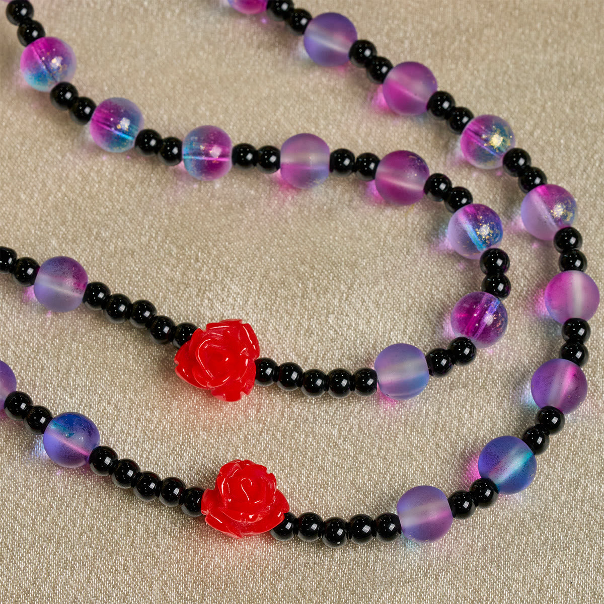Mystical Frosted Purple-Blue Beads Rosary with Red Roses & Miraculous Medal Blessing