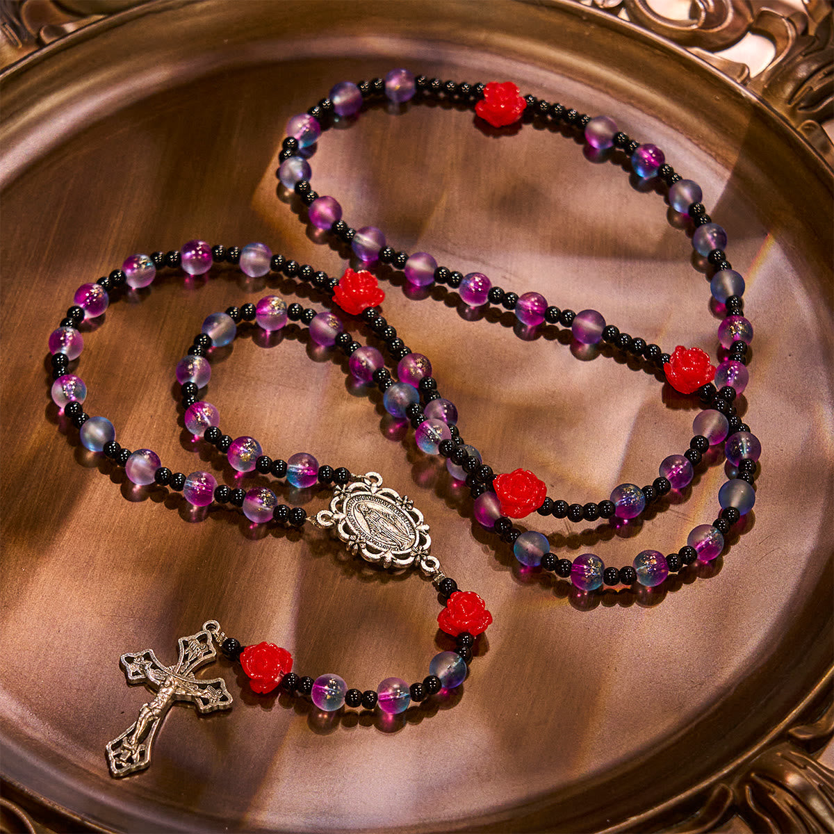 Mystical Frosted Purple-Blue Beads Rosary with Red Roses & Miraculous Medal Blessing