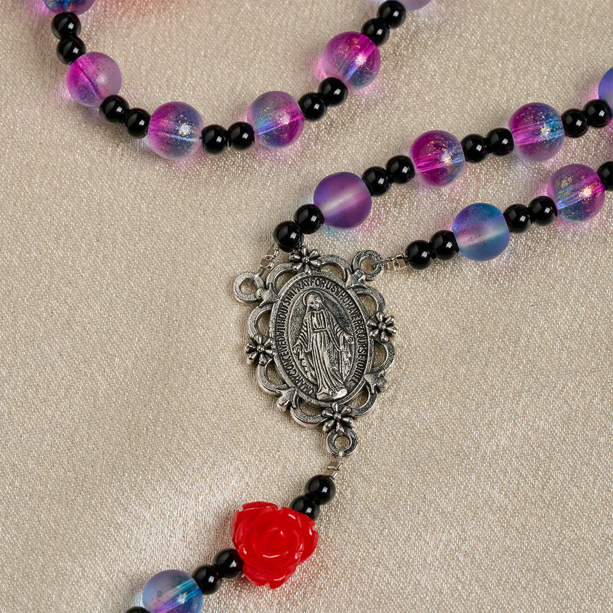 Mystical Frosted Purple-Blue Beads Rosary with Red Roses & Miraculous Medal Blessing