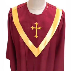 Traditional Burgundy Clergy Robe with Gold Cross & V Neck Trim