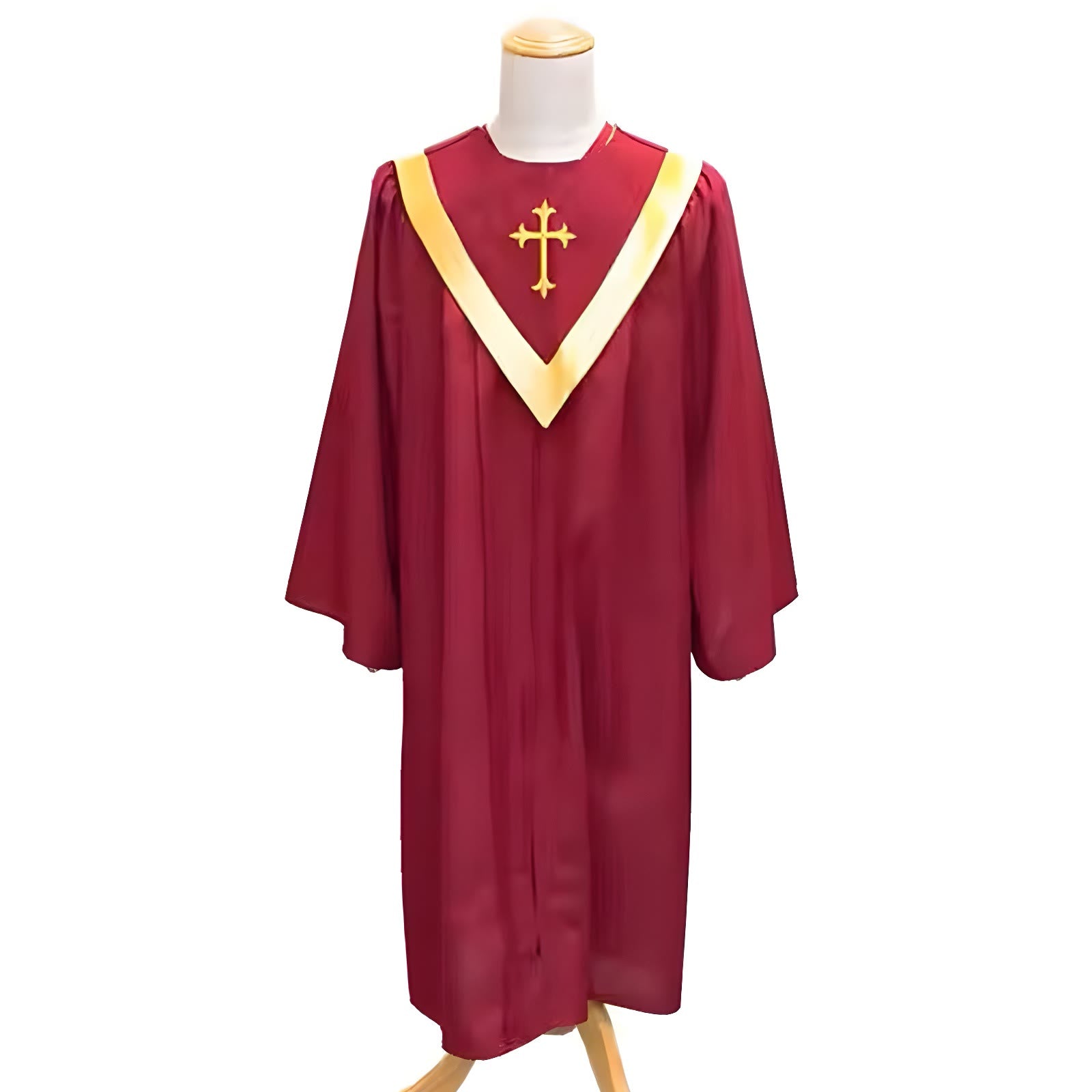 Traditional Burgundy Clergy Robe with Gold Cross & V Neck Trim