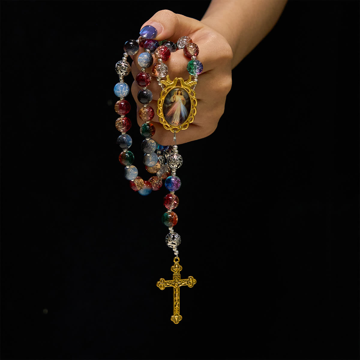 Gradient Multicolor Glass Bead & Brass Crucifix Rosary with Divine Mercy Medal