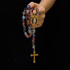 Gradient Multicolor Glass Bead & Brass Crucifix Rosary with Divine Mercy Medal