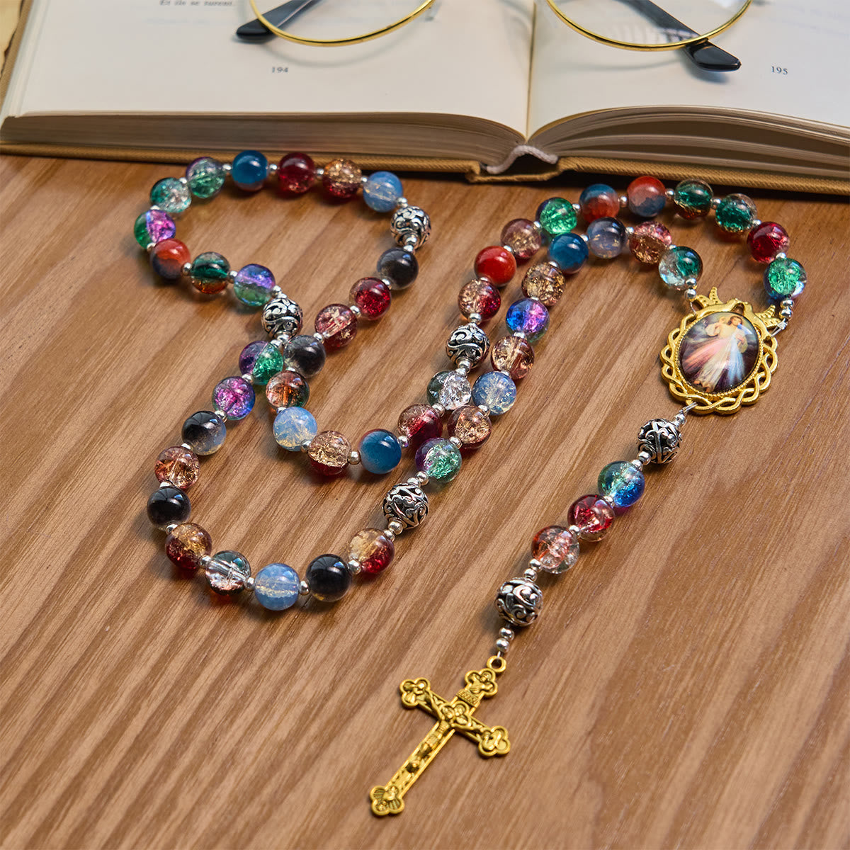 Gradient Multicolor Glass Bead & Brass Crucifix Rosary with Divine Mercy Medal
