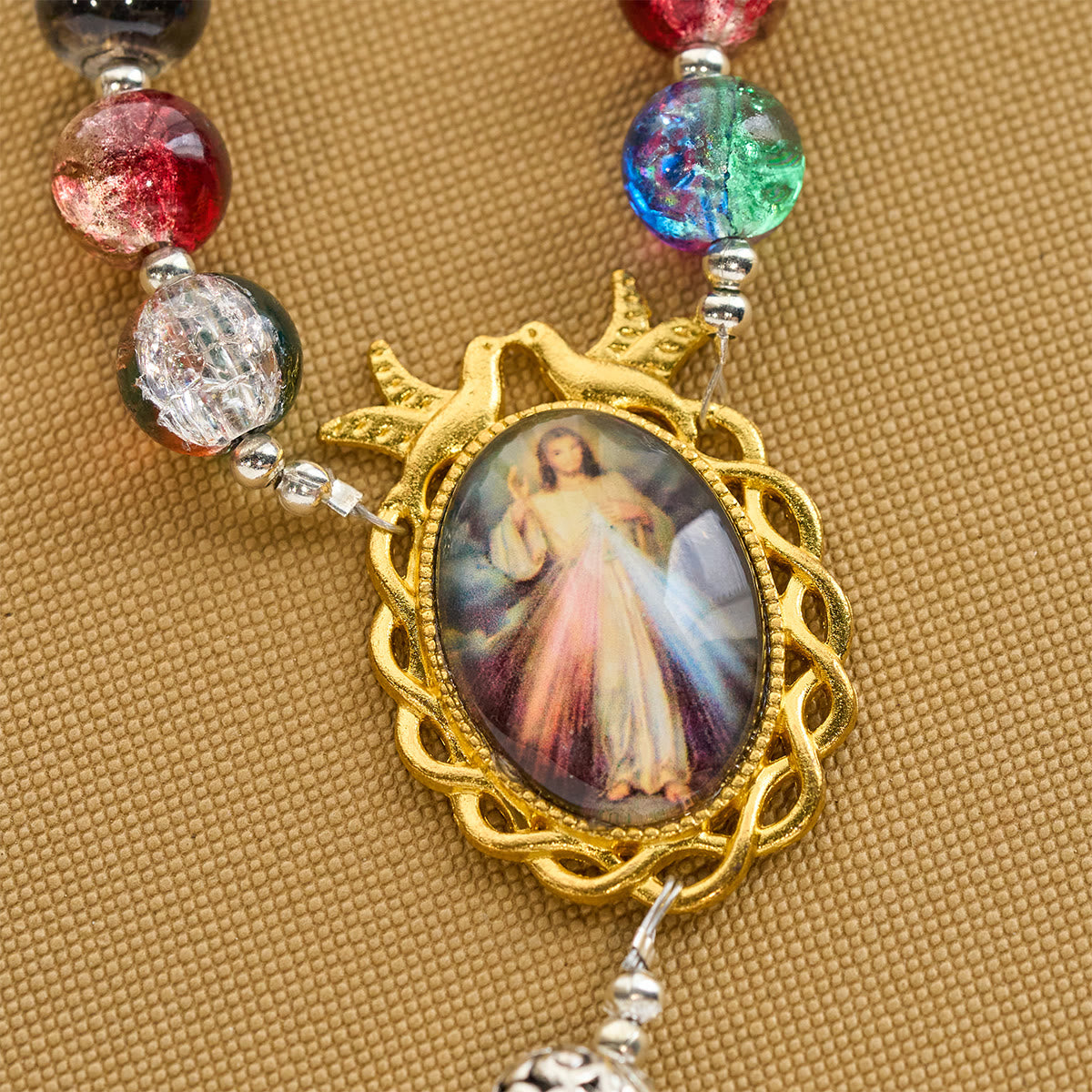Gradient Multicolor Glass Bead & Brass Crucifix Rosary with Divine Mercy Medal