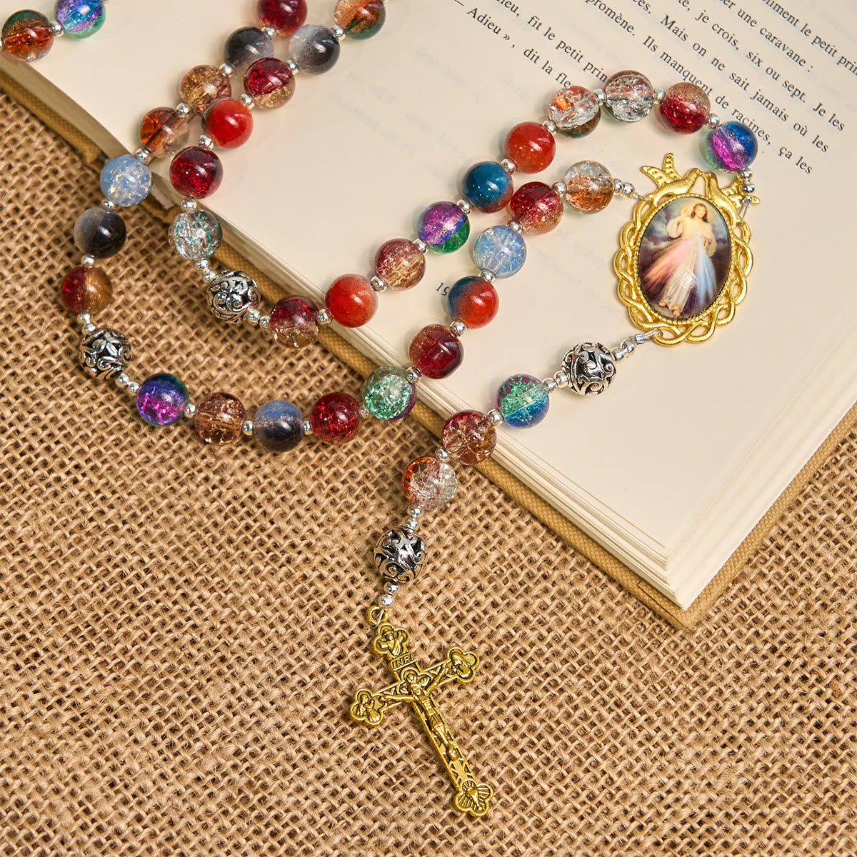 Gradient Multicolor Glass Bead & Brass Crucifix Rosary with Divine Mercy Medal