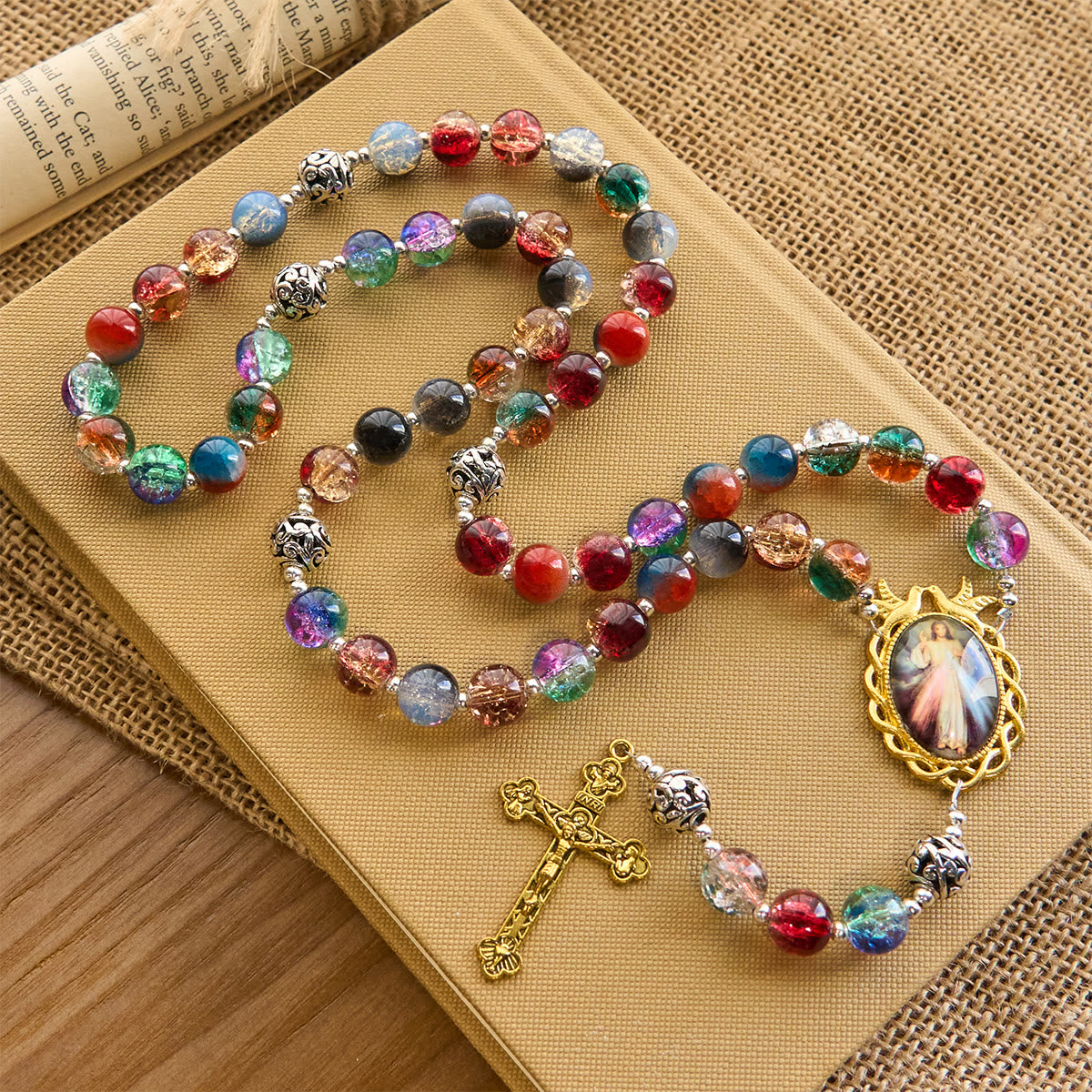 Gradient Multicolor Glass Bead & Brass Crucifix Rosary with Divine Mercy Medal