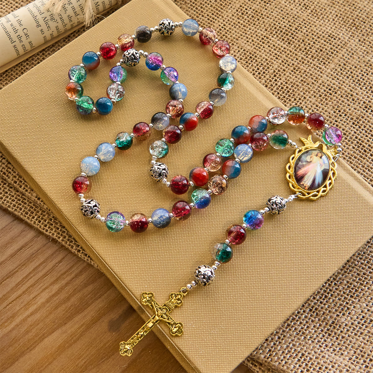 Gradient Multicolor Glass Bead & Brass Crucifix Rosary with Divine Mercy Medal