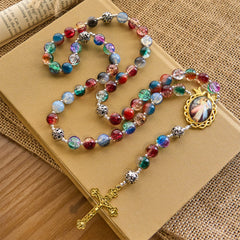 Gradient Multicolor Glass Bead & Brass Crucifix Rosary with Divine Mercy Medal