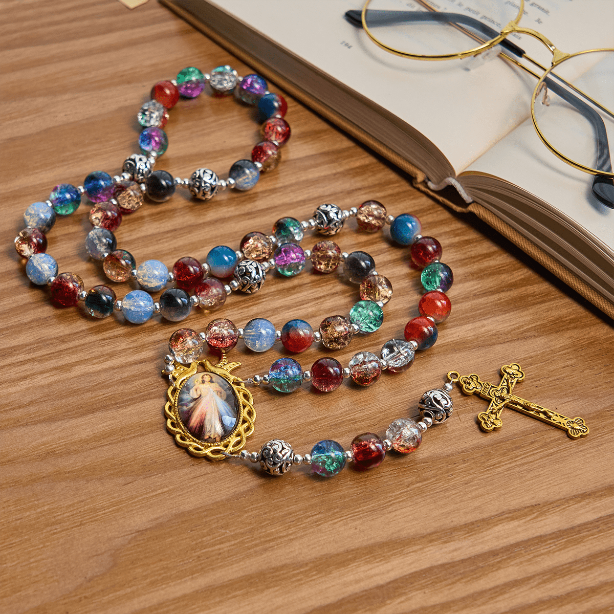 Gradient Multicolor Glass Bead & Brass Crucifix Rosary with Divine Mercy Medal