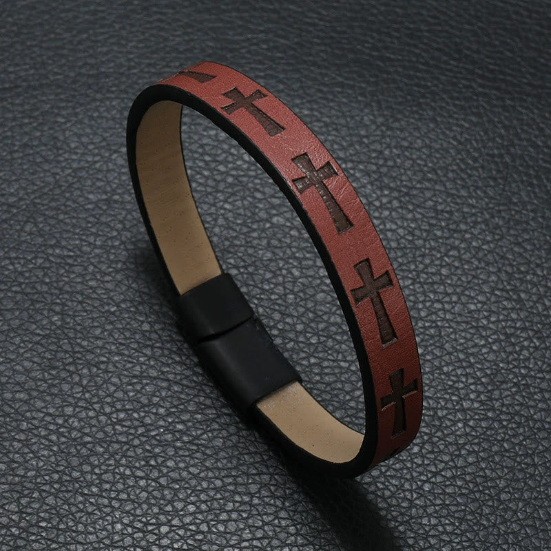 Classic Style Multicolor Leather Magnetic Buckle Bracelet with Cross Motifs