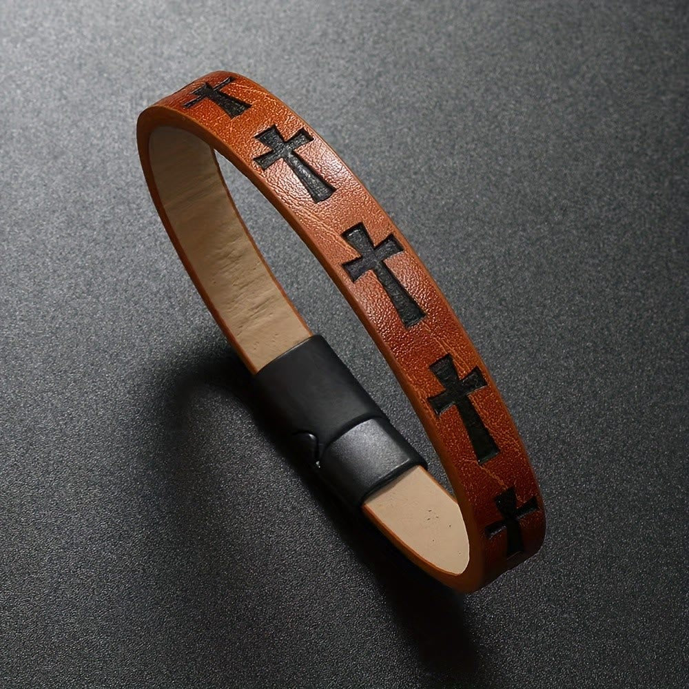 Classic Style Multicolor Leather Magnetic Buckle Bracelet with Cross Motifs