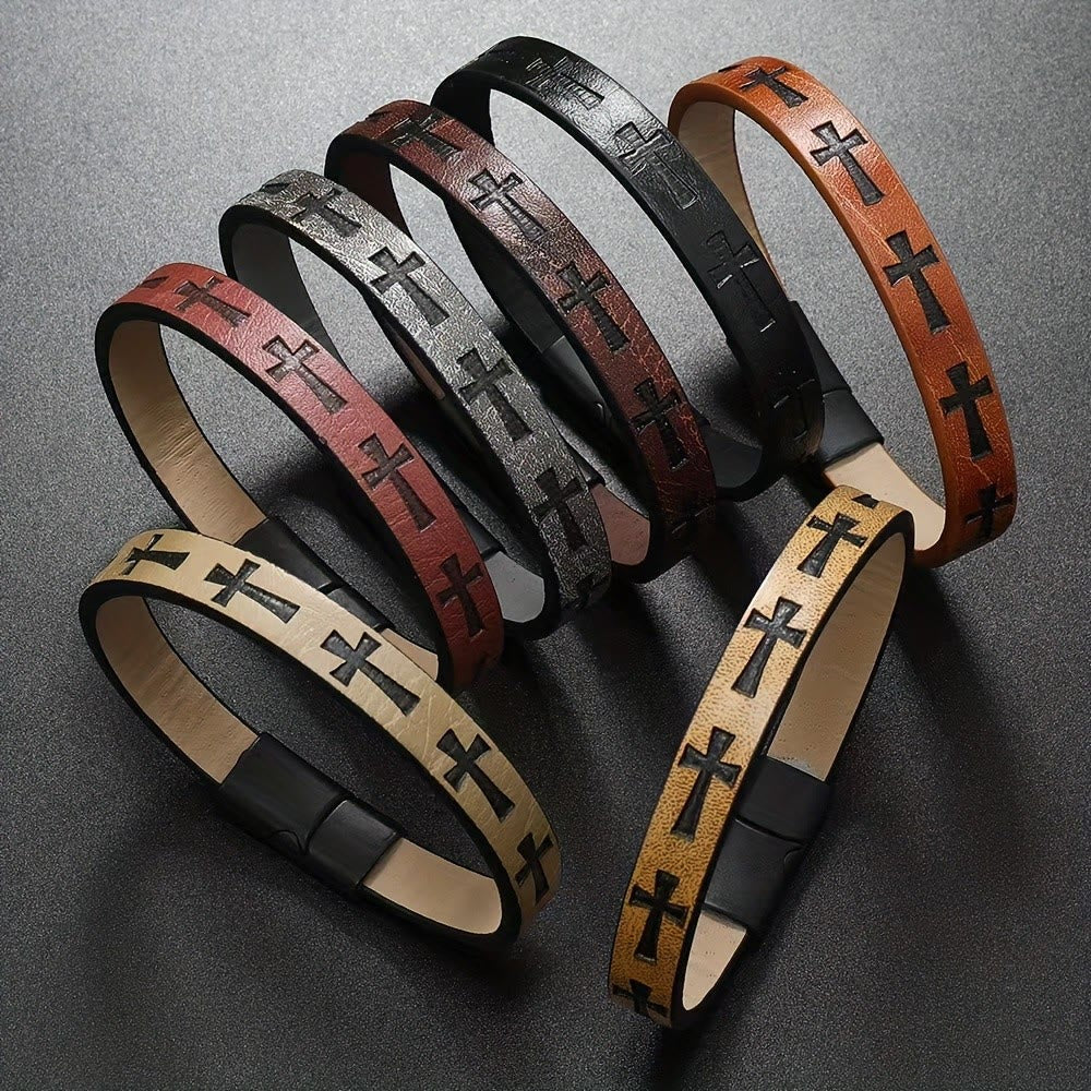 Classic Style Multicolor Leather Magnetic Buckle Bracelet with Cross Motifs