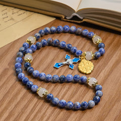 Artisanal Elastic 4mm Blue Stone Rosary Bracelet with Crucifix & Jerusalem Cross