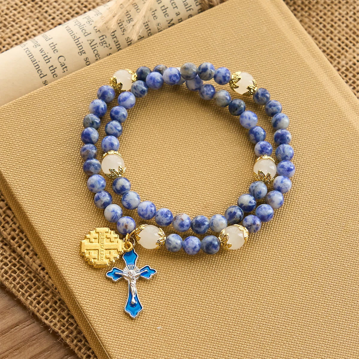 Artisanal Elastic 4mm Blue Stone Rosary Bracelet with Crucifix & Jerusalem Cross