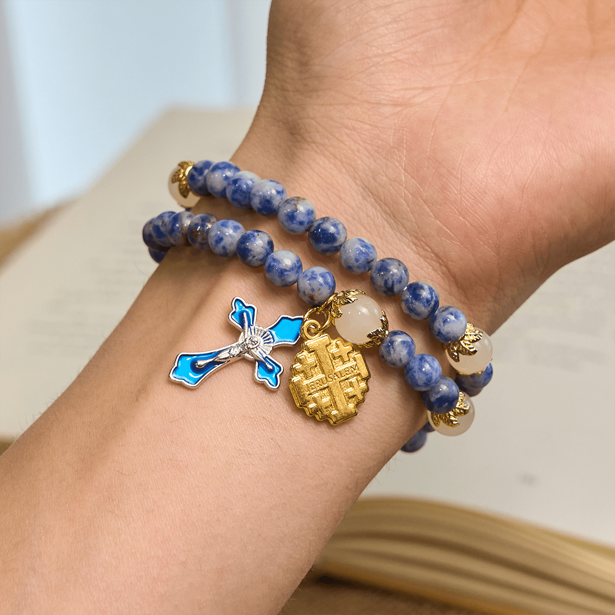Artisanal Elastic 4mm Blue Stone Rosary Bracelet with Crucifix & Jerusalem Cross