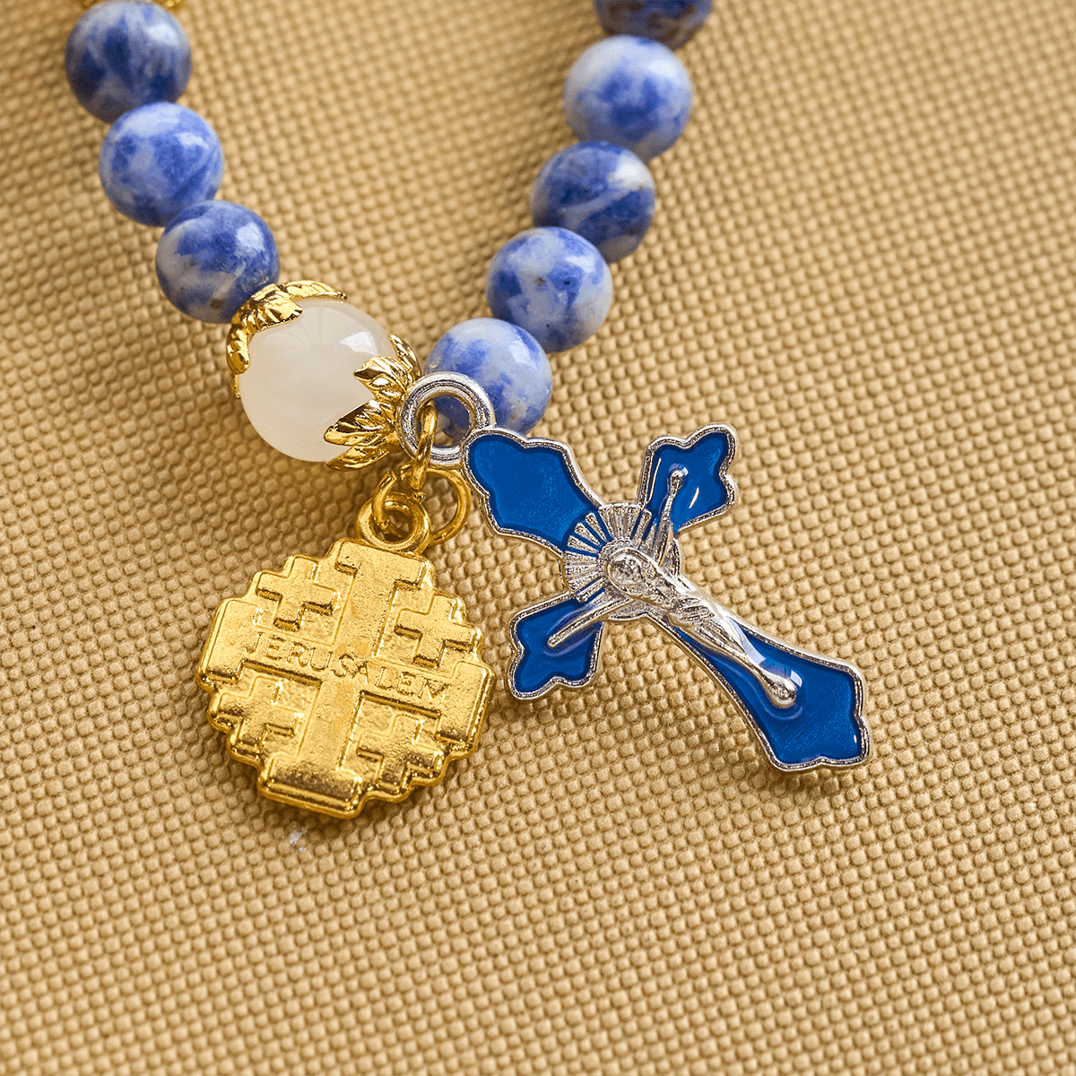 Artisanal Elastic 4mm Blue Stone Rosary Bracelet with Crucifix & Jerusalem Cross