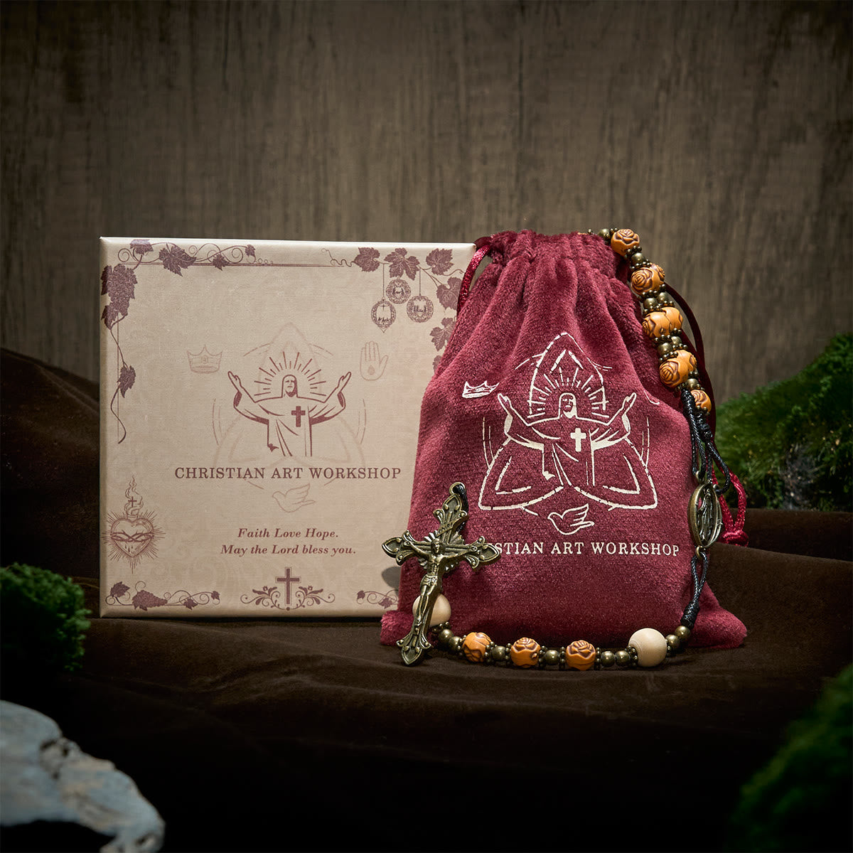 Exquisite Wooden Rose Beads with Bronze Crucifix & Miraculous Medal Rosary