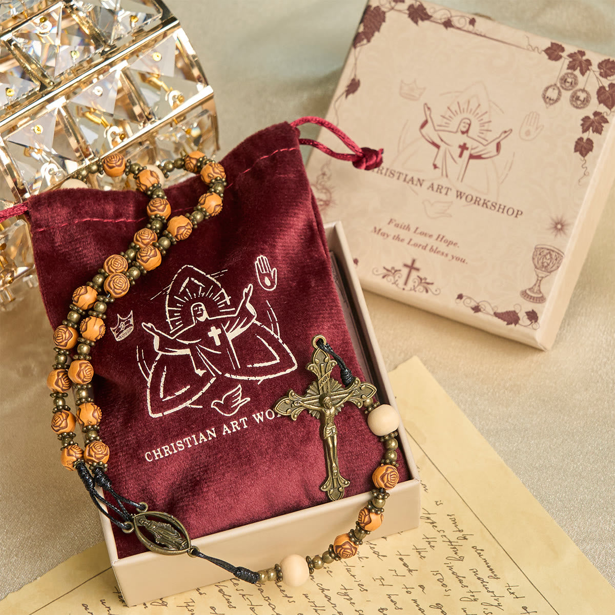 Exquisite Wooden Rose Beads with Bronze Crucifix & Miraculous Medal Rosary